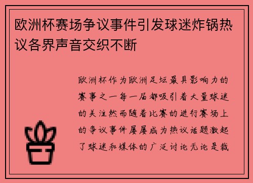 欧洲杯赛场争议事件引发球迷炸锅热议各界声音交织不断